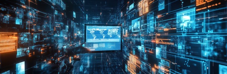 Fototapete - A digital landscape displaying data streams and visualizations on computer screens.