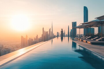 Poster - Stunning sunset view from an infinity pool overlooking a city skyline.
