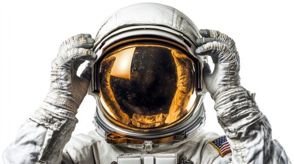 Poster - An astronaut adjusting their helmet, with a reflective visor showcasing space.