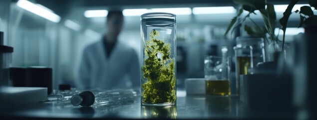 Aufkleber - A laboratory scene featuring a glass jar with vibrant green plant material.
