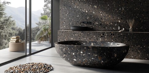 Aufkleber - Modern bathroom featuring a unique stone bathtub and textured walls, emphasizing luxury design.