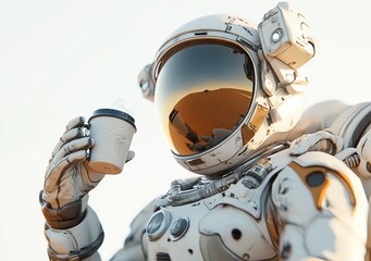 Aufkleber - An astronaut holding a coffee cup in a futuristic setting.