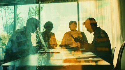 Poster - A business meeting with silhouettes discussing ideas against a backdrop of greenery.
