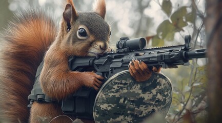 Poster - A squirrel in tactical gear holding a rifle in a forest setting.