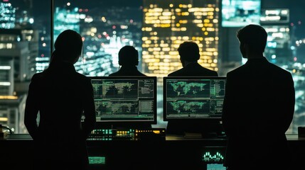 Fototapete - Silhouetted figures observing data screens in a high-rise office at night.