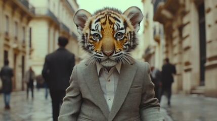 Aufkleber - A person in a suit with a tiger's head walks through a city street, blending human and animal.