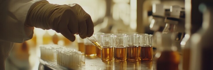 Aufkleber - A laboratory scene showing a hand pouring liquid into test tubes for scientific analysis.