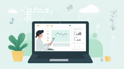 Aufkleber - A laptop displaying data analytics with a person interacting and a plant nearby.