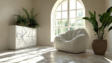 Poster - A cozy interior featuring a bean bag chair and decorative plants by a large window.