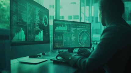 Fototapete - A person analyzing data on multiple screens in a modern workspace.