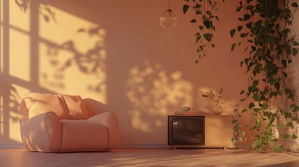 Poster - A cozy corner with soft lighting, a plush chair, and a vintage TV, adorned with plants.