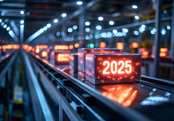 Wall Mural - conveyor belt displaying illuminated 2025 boxes in a production facility during winter