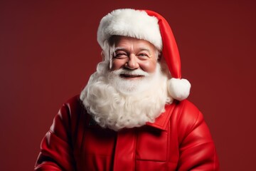 Portrait of cheerful santa claus wearing red leather jacket smiling on red background