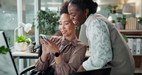Poster - Phone, business women and team laugh at joke, blog or funny story in creative startup. Collaboration, mobile and happy workers in office for content writing, research report and friends in discussion