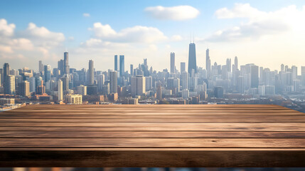 Wall Mural - A panoramic skyline with buildings, accompanied by an empty wooden board.