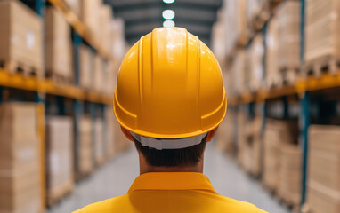 Warehouse worker wearing yellow hard hat, observing stacked boxes in storage facility, ensuring safety and efficiency in operations