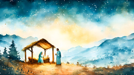 Watercolor painting representing Nativity scene in Bethlehem. Christmas scene illustration showing holy family baby Jesus in the manger Joseph and Mary. Banner. Copy space