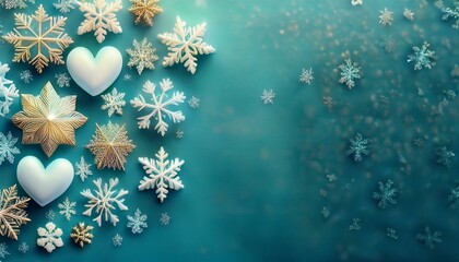 Wall Mural - Backdrop, banner, pattern of glistening snowflakes dance, light teal and gold unite, creating an ethereal winter canvas, captivating hearts with nature's artistry