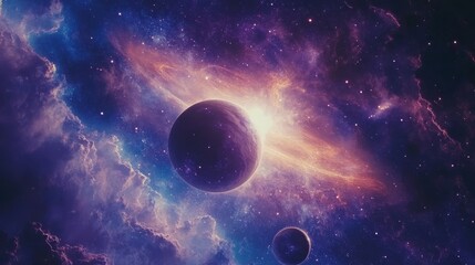 stunning outer space background with a close-up of a glowing, ringed planet surrounded by small moon