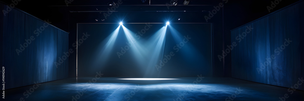 Spotlight casting a beam of focused light on a bare stage wall, serving ...