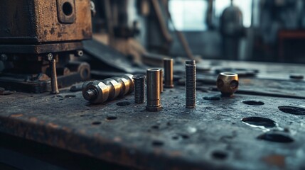 Poster - Various screws and bolts resting on metal surface in workshop