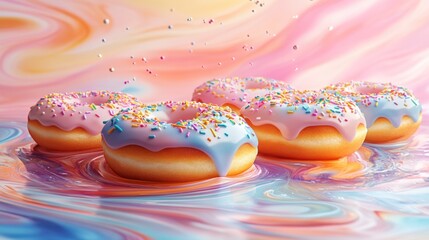 Sticker - A close-up of glazed donuts topped with colorful sprinkles floating in mid-air, surrounded by a whimsical, pastel-colored background with swirling frosting patterns.