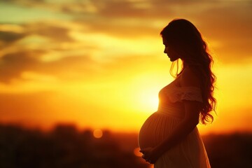 Poster - Silhouette of a pregnant woman standing against a vibrant sunset sky with golden hues illuminating the horizon. Generative AI