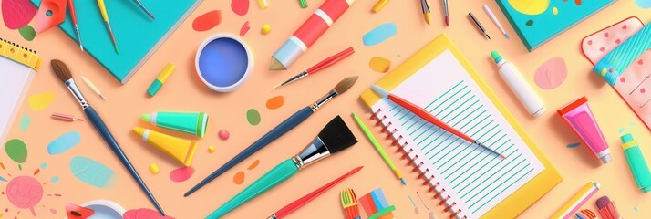 Aufkleber - Colorful arrangement of educational materials including paints, brushes, sketchbooks, and art supplies on a bright surface. Generative AI