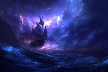 Wall Mural - Mystical Nightship Sailing Through Nebula
