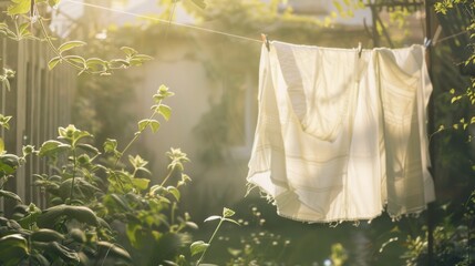 Aufkleber - Freshly washed linen hung on a clothesline under warm sunlight in a vibrant garden setting. Generative AI