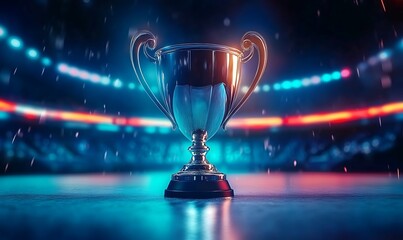winner trophy on a stage at studio illuminated by neon lights with blurred background. generative ai