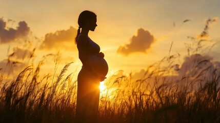 Poster - Silhouette of a pregnant woman in a field during a beautiful sunset with vibrant colors illuminating the sky. Generative AI