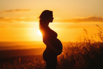Poster - Silhouette of a pregnant woman standing against a sunset over a serene landscape. Generative AI