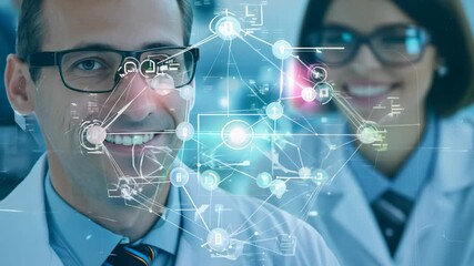 Leinwandbilder - Smiling scientist interacts with digital interface in modern laboratory setting