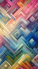 Wall Mural - Vibrant abstract composition with interlocking colorful geometric blocks, creating a three-dimensional effect with warm and cool tones, resembling a modern cityscape or maze-like structure