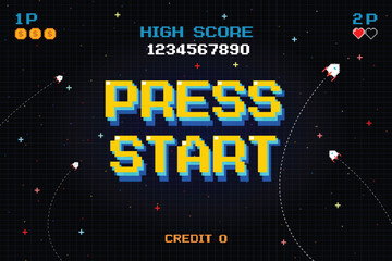 Wall Mural - press start. insert a coin to continue. pixel art .8-bit game. retro futurism sci-fi background. glo