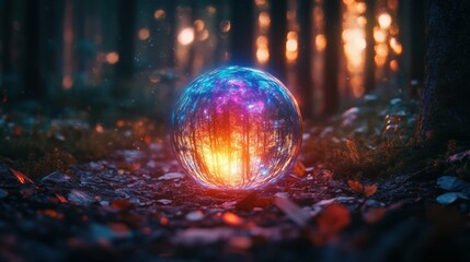 Wall Mural - magical glowing crystal orb in a forest, vibrant multicolored light, realistic textures, isolated wi