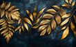 © Prasanth - 3d classic wallpaper with golden tropical leaves on a black texture mural background. Bedroom decoration artwork design.