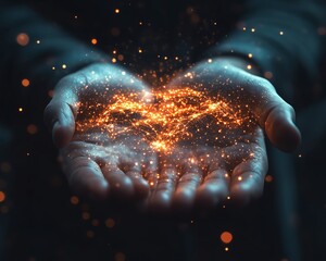 Aufkleber - A businessman holding a glowing 3D holographic projection of a digital world, futuristic design, blurred office background, ultradetailed, 4K resolution