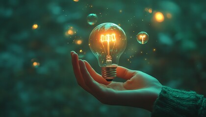 Fototapete - A closeup of a hand holding a radiant light bulb with renewable energy icons floating around, vibrant green background, futuristic design, ultra HD