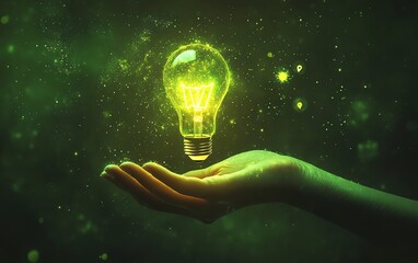Aufkleber - A detailed hand holding a radiant light bulb with floating energy symbols, vibrant green ecofriendly background, hightech aesthetic, ultra HD