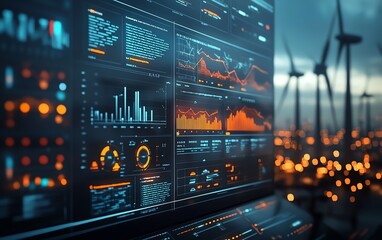 Poster - A futuristic digital dashboard displaying realtime analytics and wind energy data visualizations, sleek UI, vibrant colors, hightech design, 4K resolution