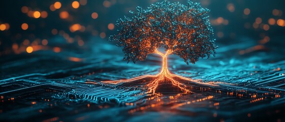 Poster - A futuristic digital tree with glowing neon branches, rooted on a detailed circuit board, symbolizing innovation and advanced technology, highresolution, cyberpunk style