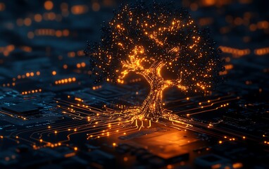 Aufkleber - A glowing tree of technology with intricate branches, embedded on a metallic circuit board, highlighting progress and innovation, scifi vibe