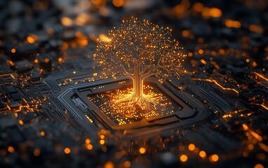 Aufkleber - A glowing tree of technology with intricate branches, embedded on a metallic circuit board, highlighting progress and innovation, scifi vibe