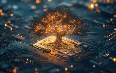 Aufkleber - A glowing tree of technology with intricate branches, embedded on a metallic circuit board, highlighting progress and innovation, scifi vibe