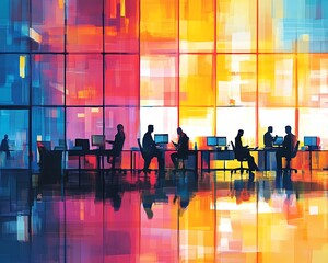 Poster - A group of professionals in an office environment working together on a project, teamwork and synergy concept, bright modern workspace, vibrant illustration