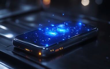 Fototapete - A medium shot of a phone projecting a holographic AI assistant