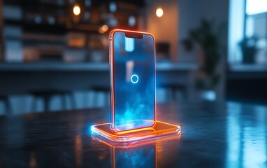 Fototapete - A medium shot of a phone projecting a holographic AI assistant