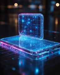 Fototapete - A medium shot of a smartphone with a holographic AI assistant projected above it, blending artificial intelligence with sleek minimalist aesthetics, vibrant and detailed, 8K